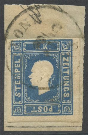 1858, Francobolli per Giornali N.8 su frammento annullato con il C1 di PIZZIGHETTONE (9pt.). (A+) (cert. En. Diena) (Cat.1600)