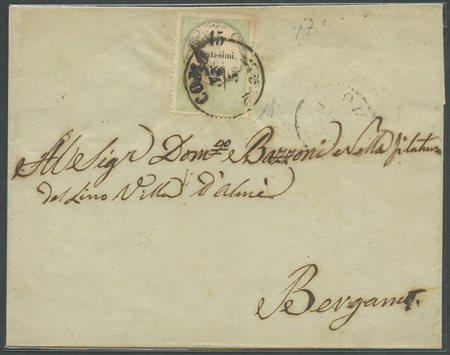 Lettera da Como per Bergamo affrancata con una Marca da Bollo da 15c. N.3 (Caratteri Tipografici) con annullo CO di COMO (7pt.). (A) (Cat.1175)