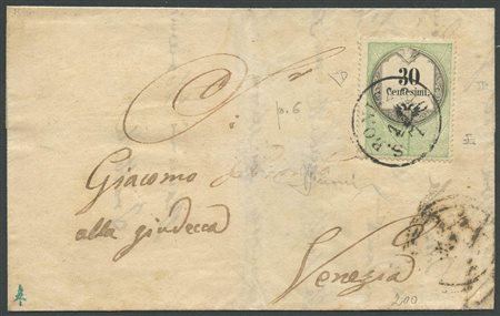 Lettera da S.Bonifacio per Venezia affrancata tramite una marca da bollo da 30c. N.8. Sull'affrancatura il cerchio di S.Bonofacio (6pt.). (A+) (En.Diena) (Cat.1300++)