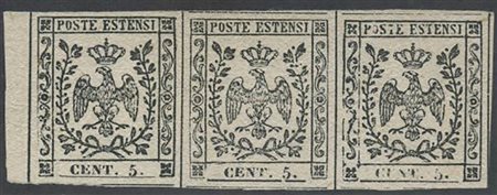 Prova del tipo adottato (Vacc. N.1PR) 5c. Bianco su carta Vergata orizzontalmente in striscia di tre con bordo di foglio a sinistra. (Lux) 