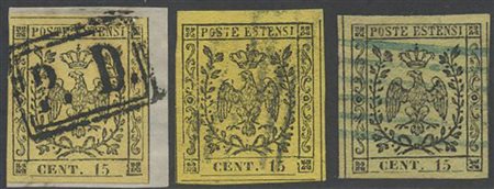 1852, 15c. Nelle tre tonalità (N.3,3a,3b) tutti di ottima qualità. (A+)  (Firma Raybaudi per il 3b)