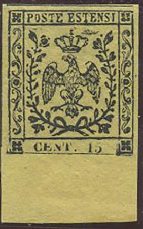 1852, 15c. Giallo Vvo N.3a Bordo Di Foglio in basso nuovo con gomma, linguellato. Interessante difetto di stampa presso la corona. (Lux) (Cert.Bolaffi) (Cat.150++) 