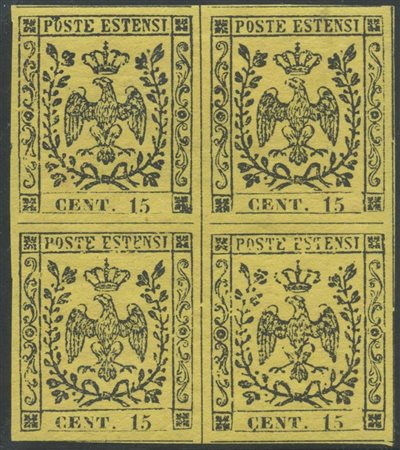 1852, 15c. Giallo N.3 in quartina di cui i due valori superiori nuovi con gomma, linguellati ed i due inferiori con gomma integra. (A+) (A.Diena) (Cat.900)