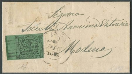 Lettera da Fivizzano per Modena affrancata tramite un 5c. Verde N.1 con bordo di foglio in basso. Sull'affrancatura le sei sbarre e il doppio cerchio di Fivizzano entrambi annullatori (6pt.). (Lux) (A.Diena) (Cat.1225)