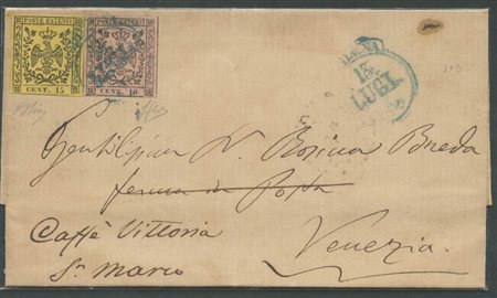Lettera da Modena per Venezia (lettera spedita al ''caffè Vittoria'' in P.za S.Marco) affrancata per 25c.(Primo porto per la 2° distanza dal confine Lombardo) tramite un 15c, Giallo N.3 e un 10c.