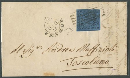 17.12.1853, Lettera da Modena per Toscolano affrancata tramite un  40c. Azzurro scuro N.6. Primo porto per la 3° distanza dal confine Lombardo. (A+) (Chiavarello) (875++)