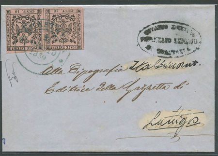 Governo Provvisorio, 12 Agosto 1859, sovracoperta partita da Guestalla per Lonigo affrancata tramite una coppia del 10c. Rosa Vivo Senza punto N.2a