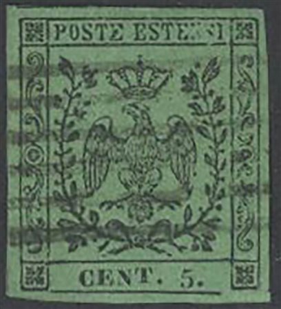 1852, 5c. Verde N.7, usato. Lettera T posizionata più in alto. (A+) (cert.Vaccari) 