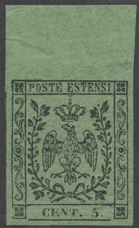 1852, 5c. Verde Oliva N.8 nuovo con gomma integra, bordo di foglio in alto.