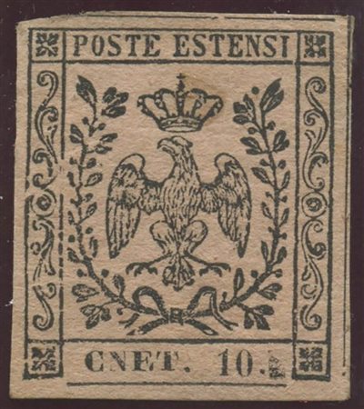 1852, 10c. Rosa N.9 nuovo senza gomma. Scritta ''CNET'' al posto di ''CENT'' e spazio tipografico nella parte destra del tasselo del valore. Combinazione non comune. (A-) (Cert.Raybaudi) (--)