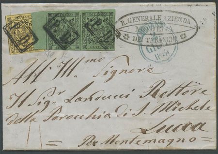 2.6.1856, Lettera da Modena per Lucca affrancata per 25 centesimi tramite un 15c.