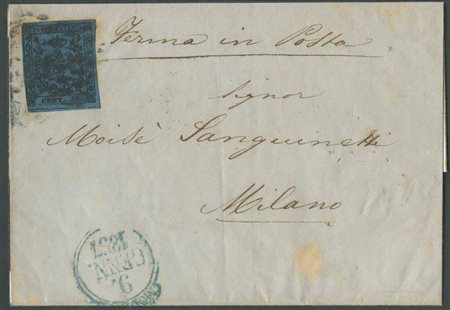 9.1.1857, Lettera da Modena per Milano affrancata tramite un  40c. Azzurro scuro N.10. Primo porto per la 3° distanza dal confine Lombardo. Sul fronte ''Ferma in Posta'' manoscritto. (A) (Cat.875++)