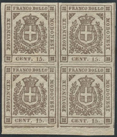 1859, 15c. Bruno Seppia (fonte Vaccari) con doppia stampa in quartina con bordo di foglio in basso, gomma integra. Oggetto di grande rarità. (Lux) (Cat.--)