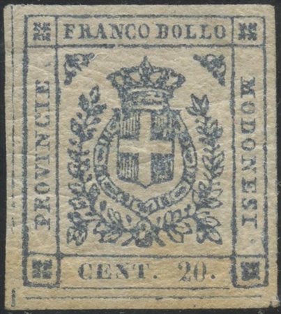 1859,20c. Ardesia Violaceo N.15. Nuovo con gomma, linguellato. Il francobollo presenta ampi margini e ha un ingiallimento nella parte bassa. Nessun difetto occulto, (A-) (A.Diena) (Cat.5000)