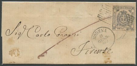 12.1.1860, Lettera da Modena per Firenze affrancata tramite un 20c.N.15 in tonalità di colore molto interessante. (A+) (A.Diena) (Cat.2250++)