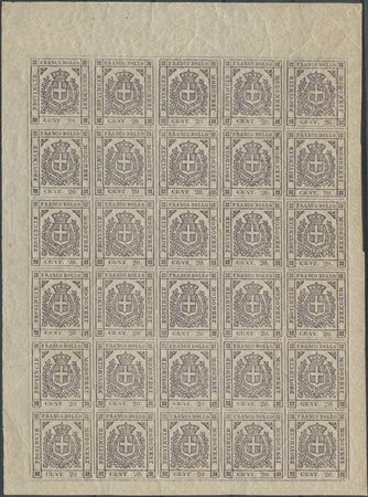 1859, 20c. N.16, quarto di foglio composto da 30 pezzi, nuovi gomma integra. (Lux) (Cat.9.000++)