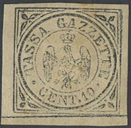 1859, Francobolli per Giornali 10c. Nero N.5 nuovo con gomma, linguellato. (A) (Biondi, Bolaffi, E.Diena, Cert. Raybaudi) (1800)
