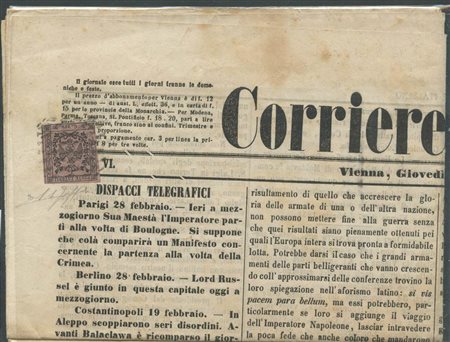 1.3.1855, Giornale affrancato con un 9c. Violetto Grigio N.2. (Lux) (Cat.300)