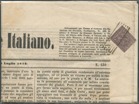 5.7.1853, Giornale affrancato con un 9c. Violetto Grigio N.2. (A-) (A.Diena, Oliva) (Cat.300)