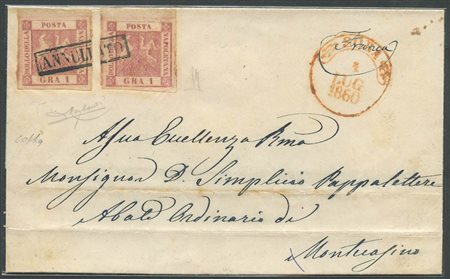 1.7.1860, Lettera da Sora per Mont?? Affrancata tarmite due 1gr. Carminio N.4a. Sulla lettera il cerchio in Rosso di Sora (5pt.). (Lux) (raybaudi, Colla)  (Cat.675)