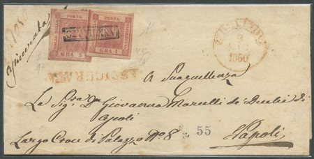 9.5.1860, Lettera assicurata da Bovino per Napoli affrancata per 6gr.(tariffa doppia rispetto a quella della lettera ordinaria) sulla lettera il lineare 'ASSICURATA'' in rosso. (Lux) (A.Diena, Vaccari) (Cat.1575++)