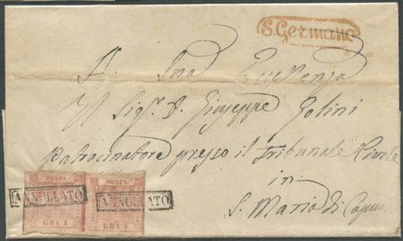 16.1.1859, Lettera da S.Germano per S.M. di Capua affrancata tramite una coppia di 1gr. con evidente disallineamento. (A) (--)