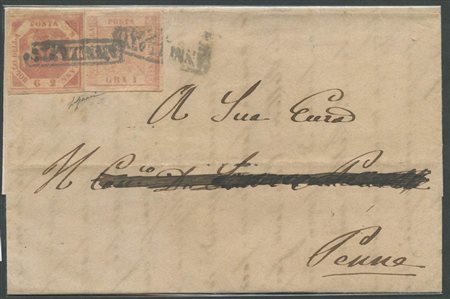 10.2.1859,Lettera da Napoli per Penne affrancata per 3gr. Tramite un 2gr. Rosa Carminio N.5d con doppia incisione ed un 1gr. Rosa chiaro N.3.  (A+) (Cat.280++)