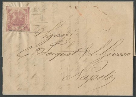 12.3.1858, Lettera da Aquila per Napoli affrancata con un 5gr. Rosa Lillaceo N.5a  con evidente doppia incisione nel lato sinistro. (Lux) (A.Diena) (Cat.1600++)