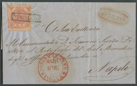 1858, Lettera da Trani per Napoli affrancata tramite un 2gr. Rosa Lillaceo N.5a. (A+) (Chiavarello) (Cat.200++)