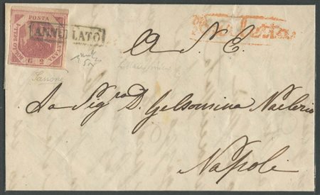 1858, Lettera da Barletta per Napoli affrancata con un 2gr. Rosa Lillaceo N.5a. (A+) (Chiavarello, Sassone) (200++)