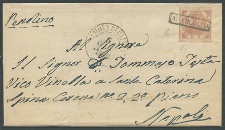 5.1.1860, Lettera da Mola di Gaeta per Napoli affrancata tramite un 2gr.Rosa Brunastro N.7. Sulla lettera il cerchio di MOLA DI GAETA(6pt). (A+) (A.Diena)  (Cat.400)