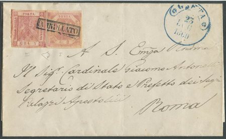 23.7.1860, Lettera da Gaeta per Roma affrancata per 7gr. Tramite un 2gr. Rosa Chiaro N.5 ed un 5gr.Carminio Rosa N.9. Sulla lettera il cerchio in azzurro di Gaeta(6pt.)