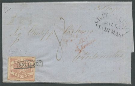 4.3.1859, Lettera Partita da Napoli diretta a Civitavecchia viaggiata per via di Mare affrancata tramite un 10gr. (Tariffa per lettere di 1 foglio viaggiate per via di mare, tassate allo sbarco per 8baj.). (A+) (Oliva) (1200++)