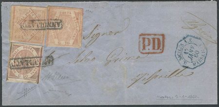 1858, Lettera diretta a Philippeville (Algeria) affrancata tramite un 10gr. Carminio Rosa N.11, 20gr.Rosa Chiaro N.13, 50gr. Rosa Brunastro N.14. Tre Certificati.