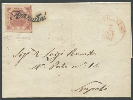 7.1.1861, Lettera da Trani per Napoli affrancata tramite un 2gr.Rosa brunastro N.7. Sull'affrancatura lo svolazzo del tipo 23 di Trani (6pt). (Lux) (En. Diena, Sassone) (Cat.400++)