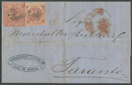 3.9.1860, Lettera da Bari per Taranto affrancata per 7gr. Tramite un 5gr. Carminio N.5e ed un 5gr. Carminio Rosa N.9. Tariffa per lettere oltre i due fogli affrancate in base al peso).
