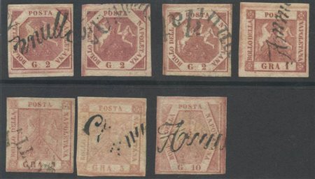 1858, Lotto di 7 valori con annulli a svolazzo.