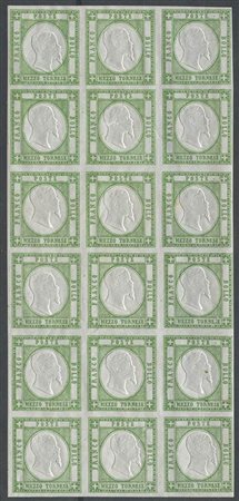 1861, 1/2gr. Verde N.17 in blocco di 18 nuovo con gomma integra. Tutti interessati da grande e piccola crinatura. (A+) (1440++)
