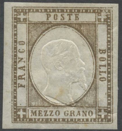 1861, 1/2gr. Bruno N.18d nuovo con gomma, linguellato. Classiche grinze di gomma al retro. (A) (Cat.400)