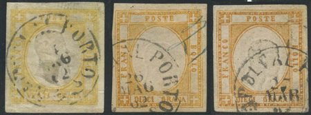 1861, 10 e 20 grana falsi dell'epoca:  N.F8 in due diverse tonalità di colore ed entrambi di ottima qualità, uno plurifirmato (Chiavarello, A.Diena, Raybaudi) e N.F11 difettoso.