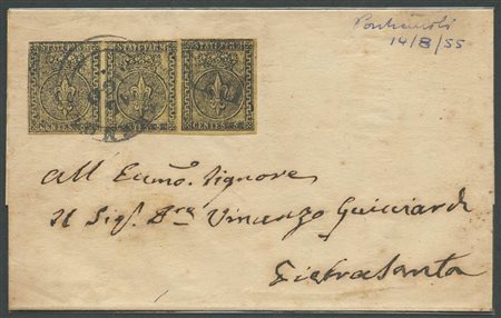 14.08.1855, Lettera da Pontremoli per Pietrasanta affrancata tramite una striscia di tre del 5c. N.1 Giallo Arancio (Primo porto per la prima distanza nel Ducato di Toscana) (A-) (Cat.3500++)