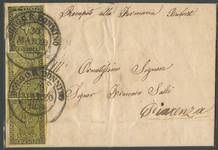 30.03.1858, Lettera da Borgo S.Donnino per Piacenza affrancata per 15c. tramite tre 5c. Giallo Arancio N.1. Sull'affrancatura il doppio cerchio grande di Borgo S.Donnino(6pt.). (A-) (Cat.3000)