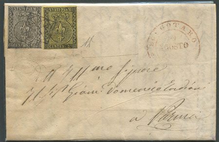 29.8.1853, lettera da Borgotaro per Verona affrancata tramite un 5c. Giallo Arancio N.1 e un 10c. Bianco N.2. Sull'affrancatura la griglietta di Borgotaro(11pt.). (A/A+) (A.Diena) (Cat.4800)