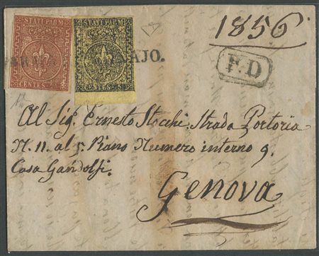 10.05.1856, Lettera da parma per Genova con affrancatura mista I° e II° emissione composta da 5c. Giallo Arancio N.1 e un 25c. Rosso Bruno N.8. (A+) (A.Diena, En.Diena) (Cat.8000)