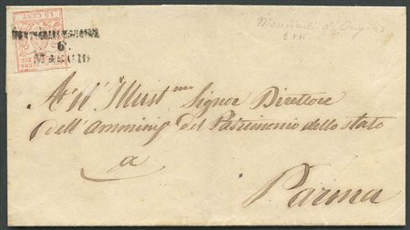 6,5,1859, lettera da Monticelli D'ongina per Parma affrancata tramite un 15c. Vermiglio N.9. Sull'affrancatura il Lineare su tre righe di Monticelli D'ongina(9.pt). (A-) (Cat.3350)