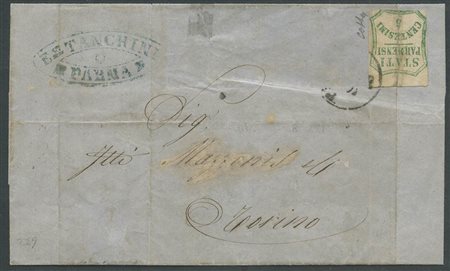29.9.1859, Lettera con affrancatura incompleta da Parma per Torino. Sulla lettera è conservato un 5c. Verde Azzurro N.12 del G.P. di Parma. Valutato come frammento. ( C ) (Cert. Colla) (Cat.12000++)