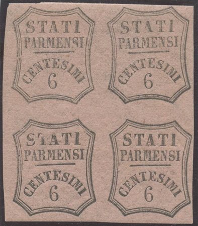 1857, N.1A in quartina nuova on gomma, due pezzi linguellati e altri due gomma integra. (Lux) (G. Bolaffi per esteso) (Cat.2400++)