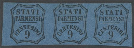 1857, 9c. Non emesso N.2A in striscia di tre. Due esemplari con gomma integra ed uno linguellato. Firma per esteso Giulio Bolaffi. (A+) (A.Diena, G.Bolaffi) (Cat.1250++)