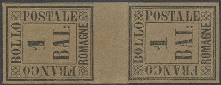 1859, 1b. N.2 Bruno Grigio in coppia con interspazio di gruppo,  nuova con gomma integra.