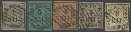 1859, Serietta delle Romagne usata; N.2,4,5,6,8. Tutti di ottima qualità. (Cat.5250++)